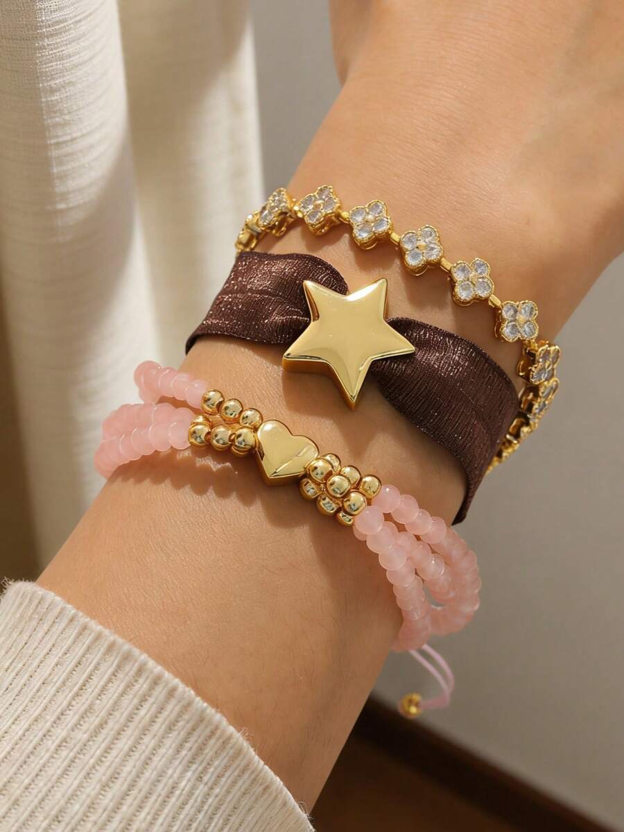 1 Peça Elegante Moda Exquisita Pulseira de Flor com Contas de Cristal de Zircônia de Estrela e Coração de Cobre, Adequada para Uso Diário, Presentes, Festas, Banquetes, Casamentos. Esta Joia Feminina de Design Lindo é um Excelente Presente, os Elementos de Coração e Flor são Perfeitos para Irmãs ou Entes Queridos, Muito Adequado para Casamentos e Férias.
