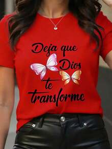 Women's Clothing Women's T-Shirts Spanish Christian Faith Long Shirt - Short-Sleeved Shirt With Butterfly Print And Spanish Text, Soft And Stretchy Fabric, Round Neck, Casual Church Wear, Machine Washable, Comfortable Style For All Four Seasons, Suitable For Spanish Students And Bible Study Wear, Smart Sporty Style, With The Spanish Phrase "LET ME BE TRANSFORMED" And Butterfly Design, Loose And Comfortable Set For Spring And Summer, Women's Shirts - 紅色 - 查看 2