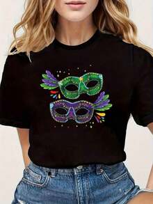 Fiesta del Carnaval del Día Nacional de Brasil! Camiseta con Estampado de Máscara - Top Casual de Manga Corta y Cuello Redondo para Mujer, Divertida y Alegre, Perfecta para Compras Informales, Regalos Navideños y Reuniones con Amigos - Negro - Ver 7