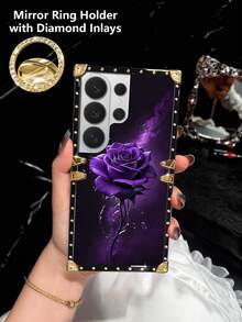 1个紫色玫瑰图案长方形防摔时尚手机壳，兼容三星Galaxy S26 Ultra/S26/S26 Plus/S25FE/S25 Ultra/S25+/S25/S24 Plus/S24/S24U/S23 Ultra/S22 Ultra/A57 5G/A56 5G/A37 5G/A36/A17/A16以及苹果17proamx/17/16 Promax/16/15PRO Max/15/14 Plus/15plus/14 Pro Max/13promax等型号。[国际版，非国内版] - 紫色+鏡面指環支架 - 查看 5