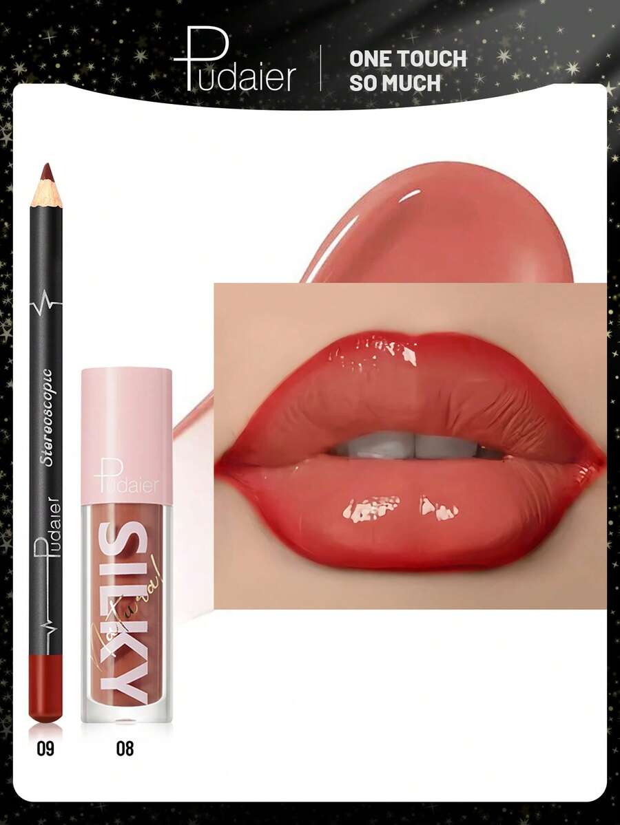 Pudaier 2-In-1 Lip Set: Nourishing Lip Liner Pencil And Lip Gloss | Waterproof & Long-Lasting, Shaping Lips, Universal Shades | Ideal Valentine's Day Gift - 09+08 - 查看 1