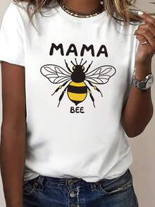 Camiseta estampada Mama Bee, top casual de manga corta con cuello redondo para verano y primavera, ropa de mujer - Blanco - Ver 2