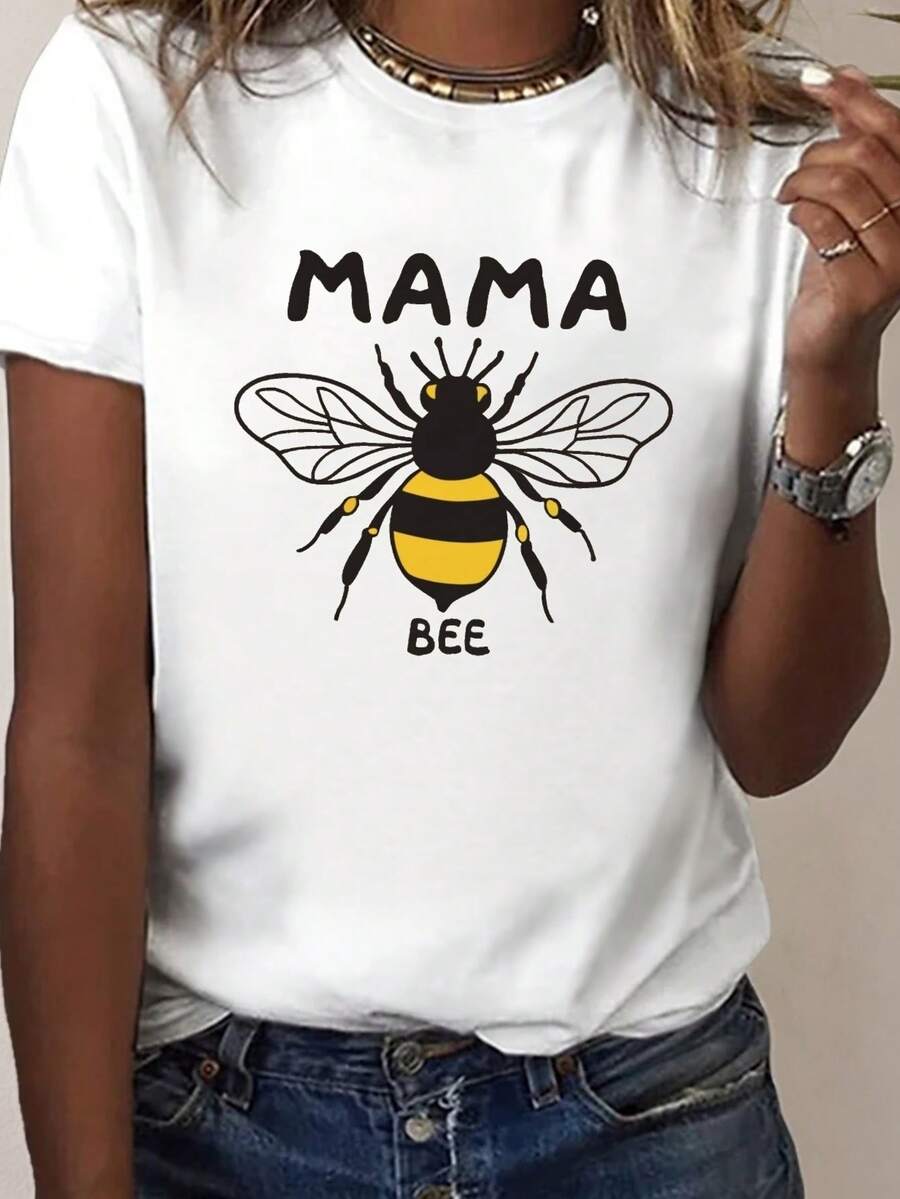 Camiseta estampada Mama Bee, top casual de manga corta con cuello redondo para verano y primavera, ropa de mujer