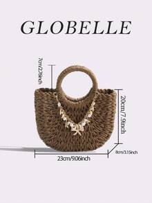 GLOBELLE 女士草编手提包，配海星贝壳链 - 手工编织顶部提手沙滩包，波西米亚风夏季度假手提包，适合旅行、泳池、日常使用 - 棕色 - 查看 8