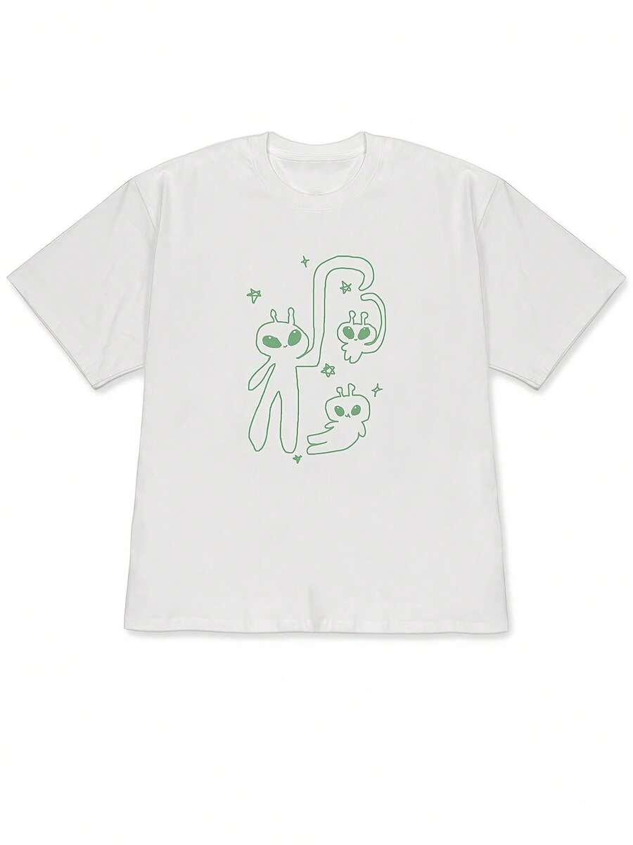 Nueva Camiseta de Manga Corta con Hombros Caídos Primavera/Verano 2026, Estilo Sencillo y Adorable, Ilustración Combinada de Tres Figuras Alienígenas Verdes de Línea Única (con Decoraciones de Estrellas), Camiseta de Manga Corta Cómoda y Amigable con la Piel para Entusiastas del Estilo Sencillo y Adorable. - Blanco - Ver 1