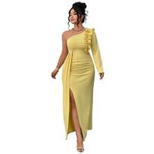 Vestido largo de fiesta amarillo, hombro al descubierto único, volantes y abertura alta - Amarillo - Ver 6