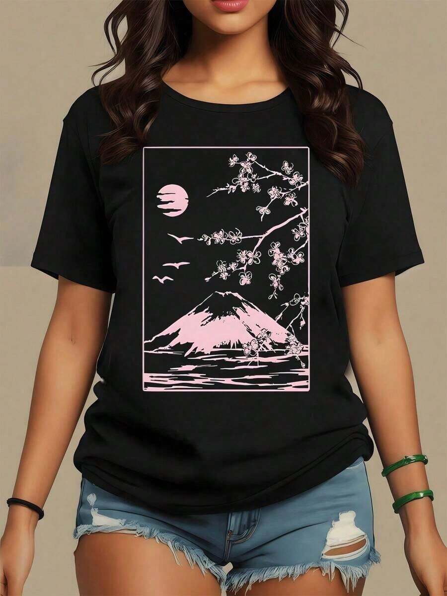 Paisaje con monte majestuoso bajo la luna llena rodeado de aves y ramas de flores que simbolizan serenidad y renovación camiseta de mujer 100% algodón cómoda y de gran calidad,maija mujer. - Negro - Ver 1