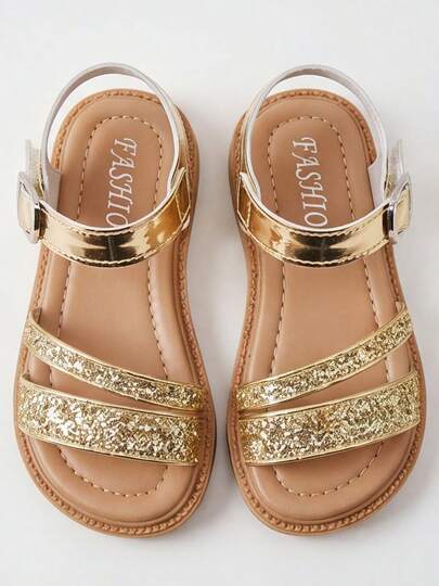 Spring And Summer New Arrivals: Golden Roman Children's Sandals. Golden Glitter/Sequins. Back Heel Mirror-Gold Straps + Hook And Loop Adjustable. Light Brown Shoe Bed Of The Same Color With Anti-Slip Sole. Elegant Little Princess Style. Perfect For Birthday Parties And Performances. Versatile Children's Sandals!