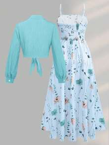 Gaun Wanita Elegan Bermotif dengan Jaket Lengan Panjang, Set 2 Potong Anggun untuk Kencan, Perjalanan, dan Pakaian Sehari-hari Saat Liburan - Mint Green - View 3
