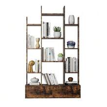 Estante com 2 gavetas, estante aberta independente em estilo industrial, estante vintage aberta, 12 compartimentos de armazenamento, estante para quarto, sala de estar, escritório em casa, marrom rústico - Ver 1