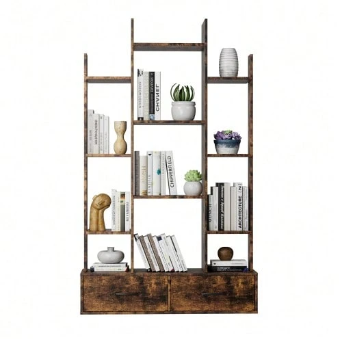 Estante com 2 gavetas, estante aberta independente em estilo industrial, estante vintage aberta, 12 compartimentos de armazenamento, estante para quarto, sala de estar, escritório em casa, marrom rústico - Ver 1