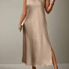 Flouryn Plus Size Casual Solid Color Sleeveless Side Slit Dress Maxi Satin Women Outfit - Caqui - Ver 1