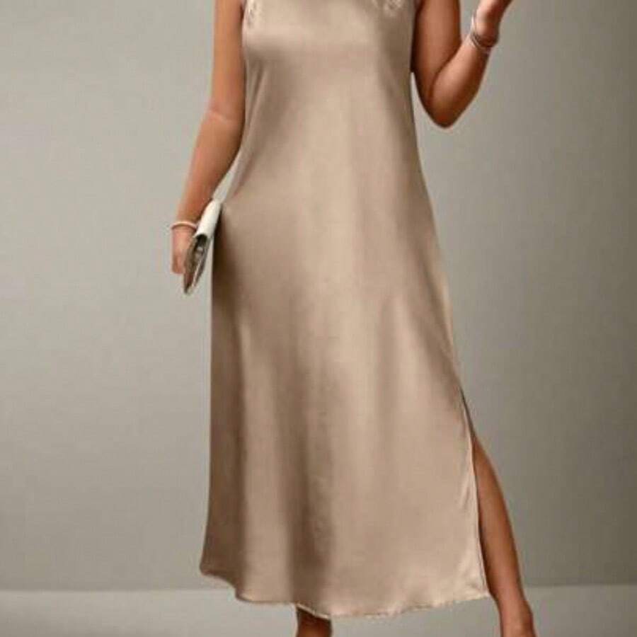 Flouryn Plus Size Casual Solid Color Sleeveless Side Slit Dress Maxi Satin Women Outfit - Caqui - Ver 1