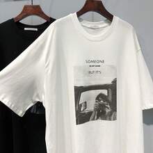 Primavera/Verano 2025, Nueva Camiseta de Manga Corta Holgada de Longitud Media con Estampado de Personajes de Estilo Coreano Ulzzang para Mujer - Negro - Ver 10