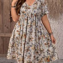 Vestido de mujer de talla grande con cuello en V y manga corta, con estampado floral, adecuado para vacaciones de verano - Azul - Ver 2