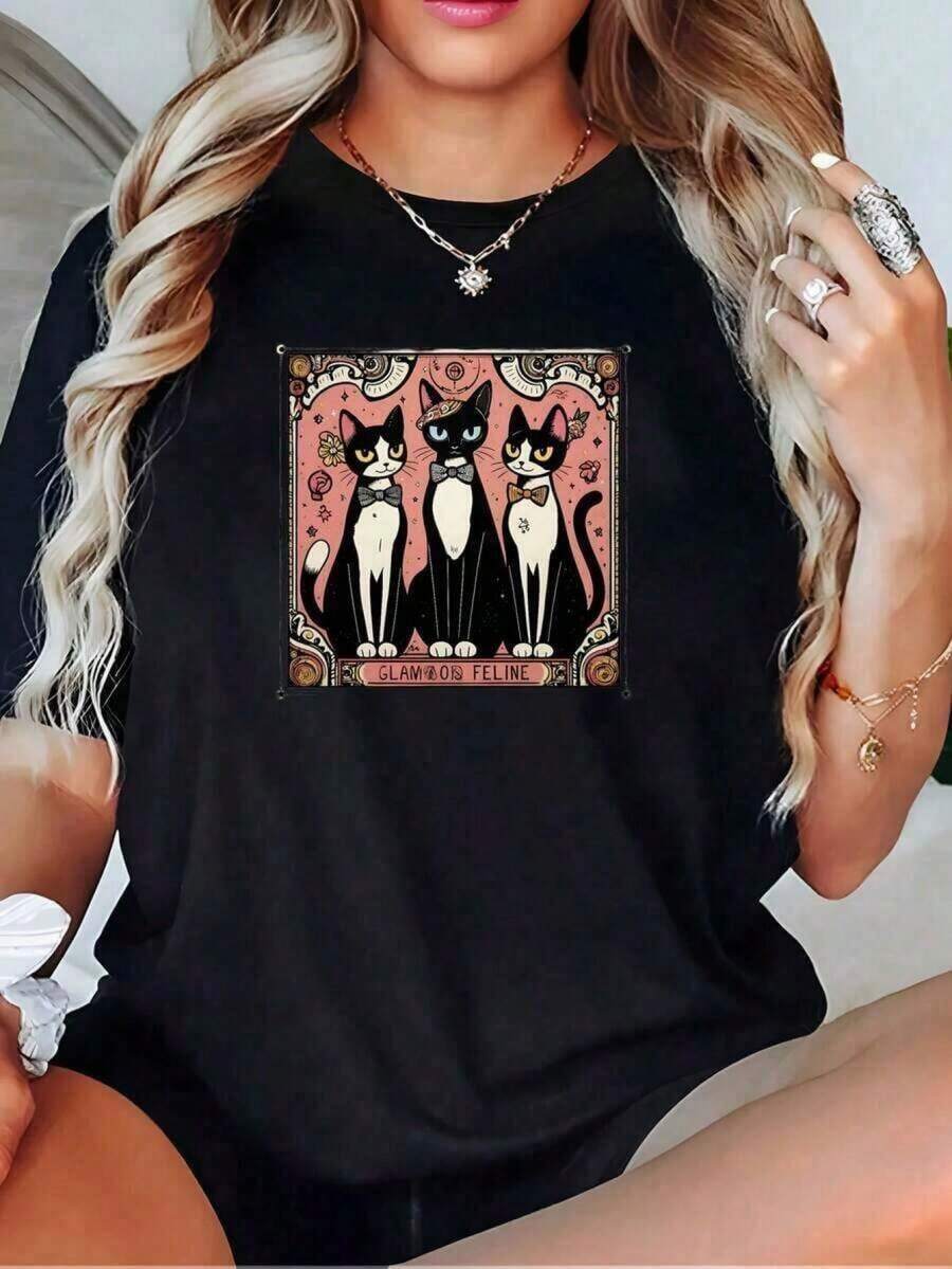 Women's Loose Short Sleeve T-Shirt With Print Mujer002 | Three Cats With Moon And Stars Print | Black | Machine Washable | Casual Sporty Crew Neck Top | Comfortable And Loose Fit | Unisex Holiday Gift | Loungewear | Spring And Summer Wear | Suitable For All Seasons | Breathable And Sweat-Absorbent For Sports, Running, And Hiking | Women's Clothing KOQY F18T - 黑色 - 查看 1