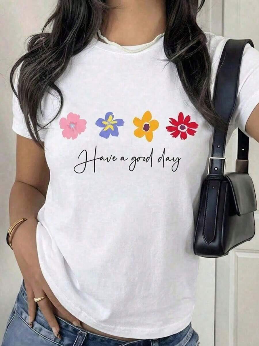 Women's Plain Black Fitted Short Sleeve T-Shirt, Aesthetic Colorful Floral T-Shirt With "Have A Good Day" Slogan And Hand-Drawn Design, And Positive Youth Tops, Pretty And Elegant Blouses, Casual Summer Clothing, Cute Shirts XFGH CESK - 白色 - 查看 1