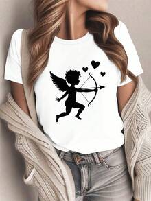 Camiseta de Mujer con Silueta de Cupido y Corazones - Estampado de Arco y Flecha de Cupido en Blanco con Diseño de Corazón, Top Casual de Manga Corta y Cuello Redondo en para el Día de San Valentín, Fiestas Temáticas de Cupido y Atuendo Casual (Lavable a Máquina) - Blanco - Ver 2
