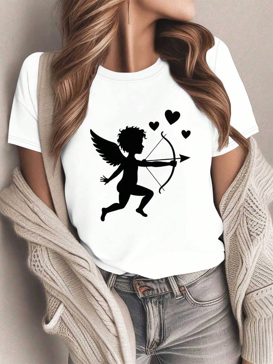 Camiseta de Mujer con Silueta de Cupido y Corazones - Estampado de Arco y Flecha de Cupido en Blanco con Diseño de Corazón, Top Casual de Manga Corta y Cuello Redondo en para el Día de San Valentín, Fiestas Temáticas de Cupido y Atuendo Casual (Lavable a Máquina)