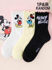 Disney 1/3/6双装迪士尼米奇米妮卡通可爱印花荷叶边中筒袜，时尚舒适百搭男女通用休闲袜，适合所有季节 - 彩色 - 查看 15