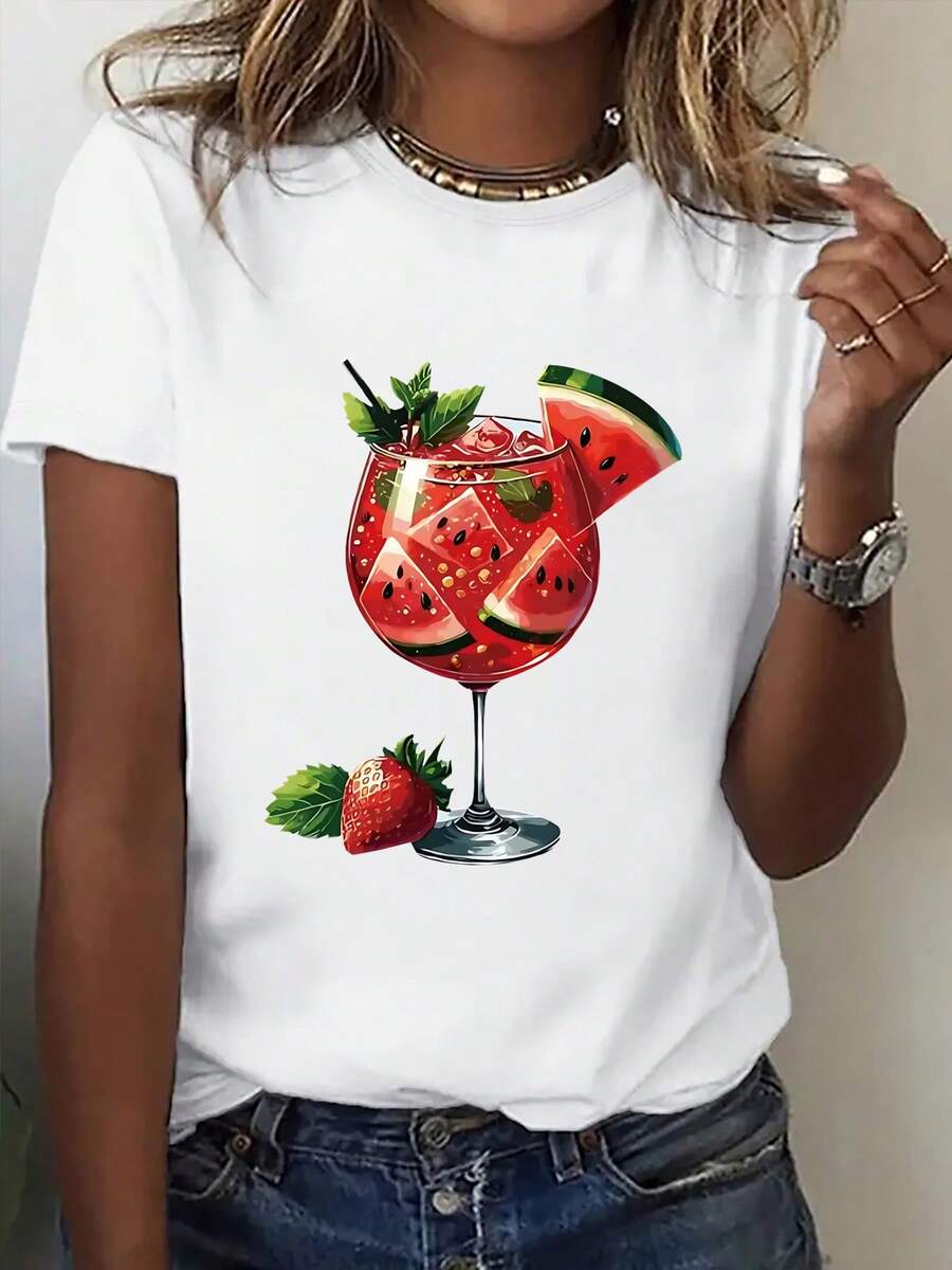 Women's Uni Short Sleeve T-Shirt With Vibrant Fruit Print, Fresh And Sweet Style, Round Neck, For Spring And Summer, Outdoor Activities, Family Outfits, New Arrivals, Fashionable Short Sleeves, Perfect As A Gift - 白色 - 查看 1