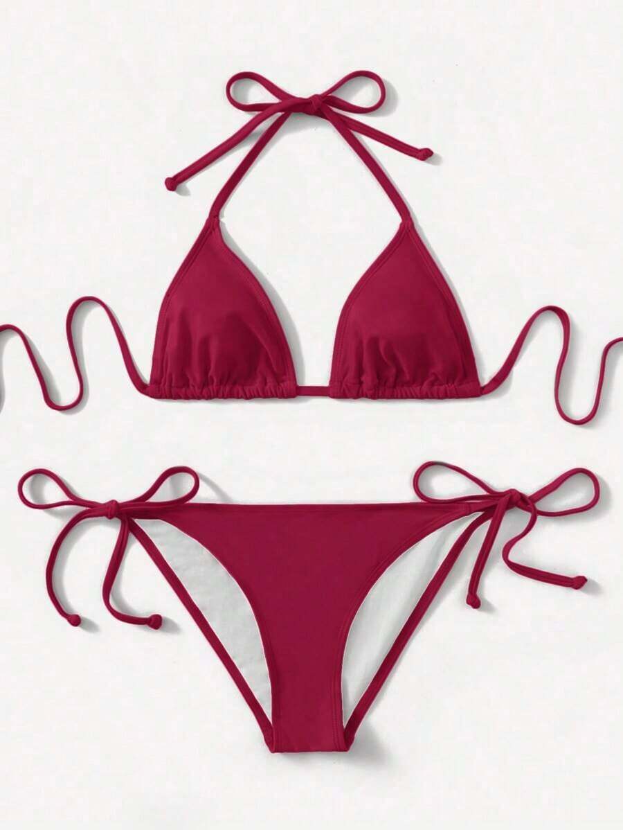 Women's Simple Solid Color Swim Bikini With A Halter Neck And Cutout, Suitable For Beach Vacations And Summer. - Bordeaux 2 - View 1