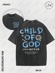 Camiseta vintage lavada, con diseño de graffiti de "Cara de Hijo de Dios", temática cristiana, el material representa la fe en Dios, corte holgado, tela suave - Camiseta unisex de algodón, manga corta, cuello redondo, estilo vintage urbano. - Negro - Ver 1