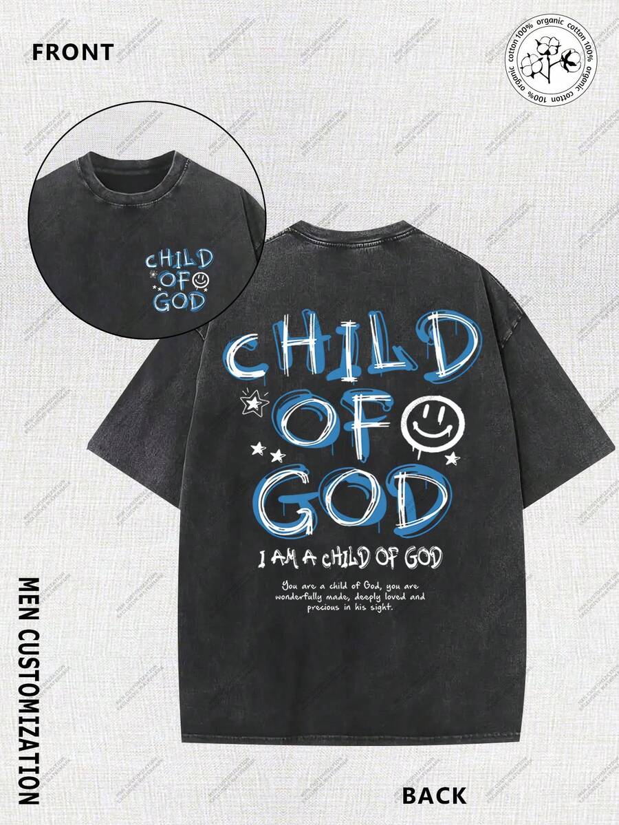 Camiseta vintage lavada, con diseño de graffiti de "Cara de Hijo de Dios", temática cristiana, el material representa la fe en Dios, corte holgado, tela suave - Camiseta unisex de algodón, manga corta, cuello redondo, estilo vintage urbano. - Negro - Ver 1