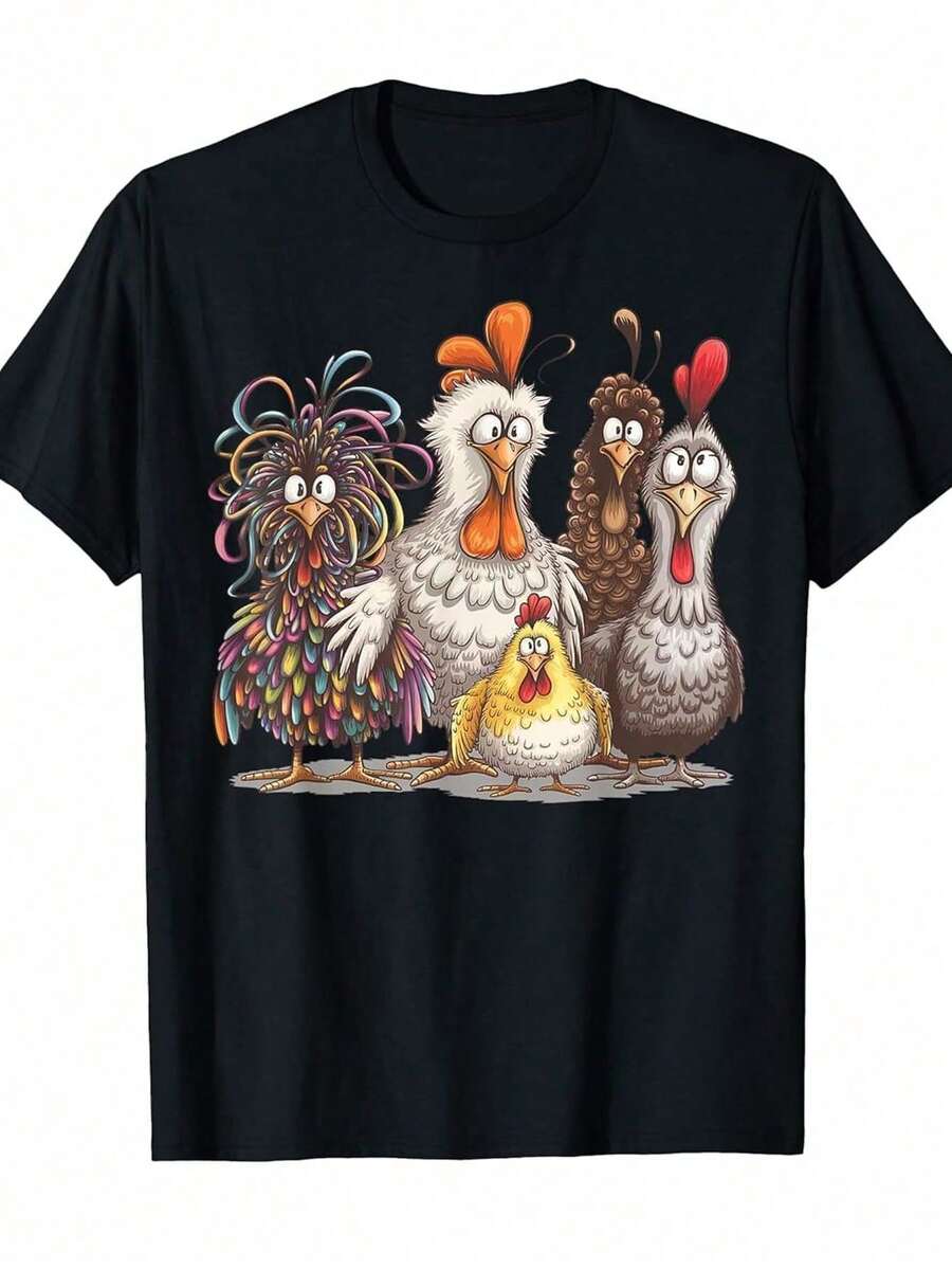Camiseta divertida con gráfico de pollos y 6 pollos de dibujos animados coloridos - Camiseta unisex de peso pesado suave y corte relajado para hombres, mujeres, niños y niñas - Ropa casual, regalos de cumpleaños y Pascua - Impresa y enviada desde Canadá () - Diseño de arte de pollo con gallo - Negro - Ver 1