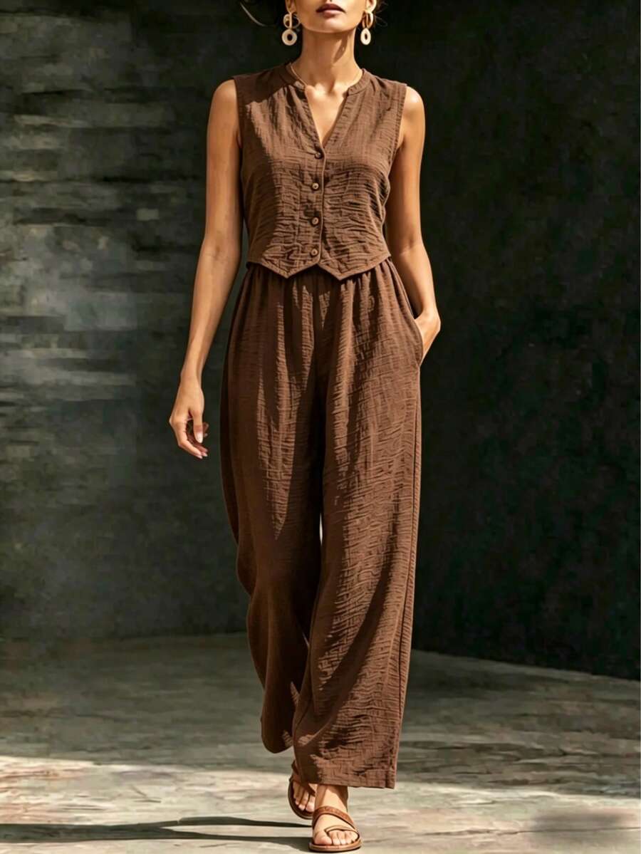 Women's Two-Piece Linen Outfit: Casual Sleeveless Button-Down Vest And Wide-Leg Trousers, Summer Vacation Casual Suit. - màu nâu - Xem 1