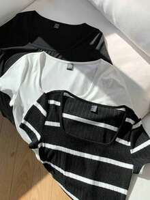 Set de 3 camisetas de cuello redondo de manga corta de punto con rayas minimalistas de estilo casual para mujer en colores café marrón y blanco, adecuadas para el uso diario, citas, reuniones, otoño/invierno/verano, Navidad, Año Nuevo, Acción - Negro - Ver 4