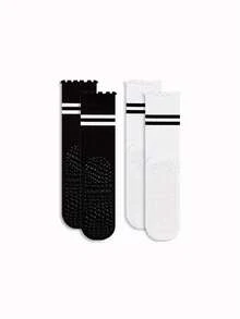 1/2/3 Pairs Cuffed Striped Yoga Socks, Non-Slip Mid-Calf Socks For Pilates, Fitness, Workout - Multicolor - View 17