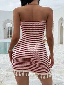 Vestido fruncido con diseño sin tirantes, cintura entallada y dobladillo con flecos en un estilo patchwork de colores, con aire sexy y de europea y americana para vacaciones - Rojo - Ver 2