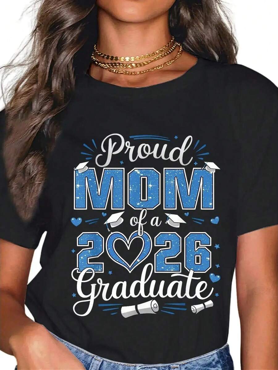 Pure cotton gift T-shirt for mothers of 2026 graduates and mothers of 2026 senior students. Crew neck breathable top.