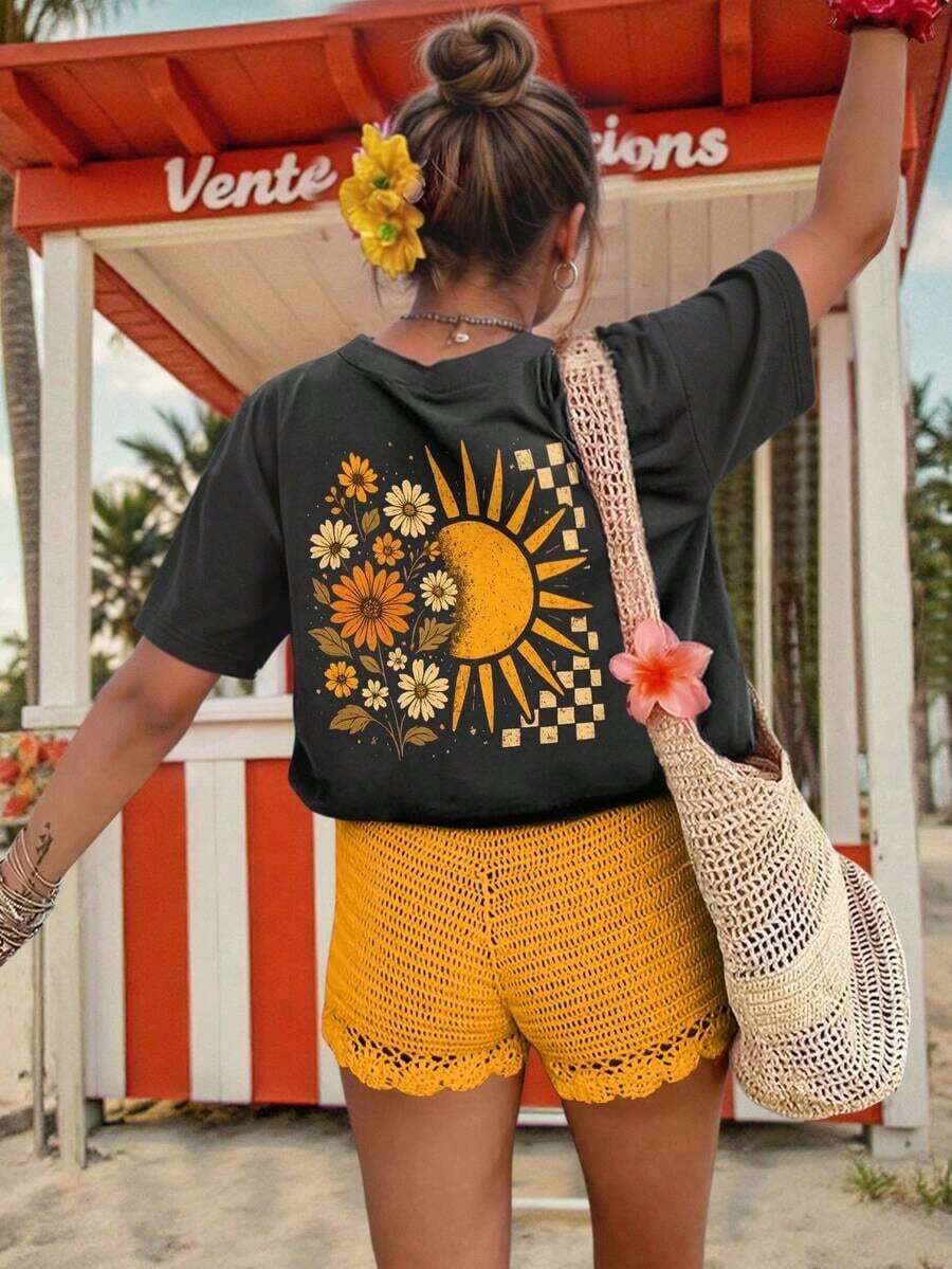 Women's T-Shirt, Street Style Casual Short-Sleeve Graphic Tee, Cute Summer Top. All Kinds Of Prints, Jacket, Round Neck T-Shirt, Casual, For Office, For Travel, Very Popular, Sporty Style, Print/Pattern, 100% Cotton T-Shirt, Casual T-Shirt, Comfortable, Soft, Breathable. The Latest Popular Bestseller - 黑色 - 查看 1