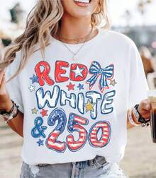 [100% Cotton] 250th Anniversary Shirt, Red White And 250 Tee, 4th Of July Shirt, Preppy Patriotic Tee, USA America Shirt, Flag Tshirt, American Girl,  Casual Women's T-Shirt - Màu xanh hải quân - Xem 6
