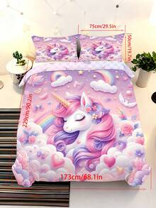 2/3件夢幻睡眠獨角獸被套組，3D馬卡龍彩虹雲朵花卉兒童床上用品含枕套，柔軟兒童臥室裝飾寢具組 (單人/雙人/大號/特大號) - 彩色 - 查看 19