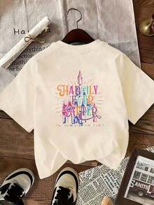[Double-Sided Print] Casual Short-Sleeve Crew Neck T-Shirt With Colorful Castles And Fireworks Print And The Text "HAPPILY EVER AFTER". Suitable For Women's Spring And Summer Wear, 4th Of July Outfits, World Cup Match Day. Soft And Lightweight T-Shirt, Easy To Match With Any Outfit. 100% Cotton Graphic T-Shirt For Women, Brokey Y2K Streetwear Style, Crew Neck, Loose Fit. - 杏色 - 查看 3