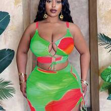 Slayr CURVE Plus Size Women 3pcs Swimsuit Set - Gradient Random Print Tie Front Hollow Top, Paired With Triangle Bottoms & Drawstring Beach Skirt, & Sexy For Beach Holiday For Summer Beach Vacation - Rosa - Ver 2
