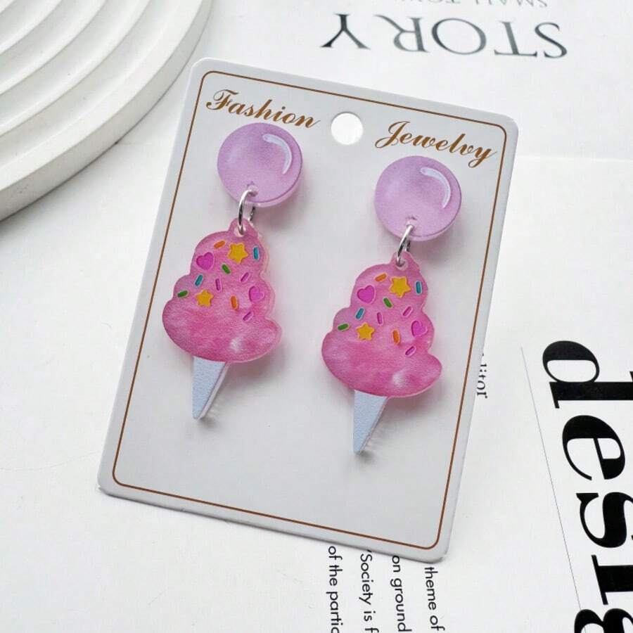 1 Đôi bông tai hình kem hồng dễ thương, bông tai acrylic hình kẹo tráng miệng, món quà trang sức mùa hè ngọt ngào vui nhộn dành cho phụ nữ - hoa tai - Xem 1