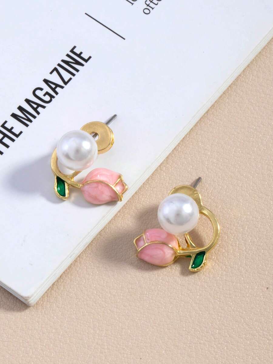 1 Pair Cute, Sweet, Minimalist Rose Flower Earrings, Korean Style, Nature Inspired (Color Gradient Random, Card Not Included) - Multicolor - View 1