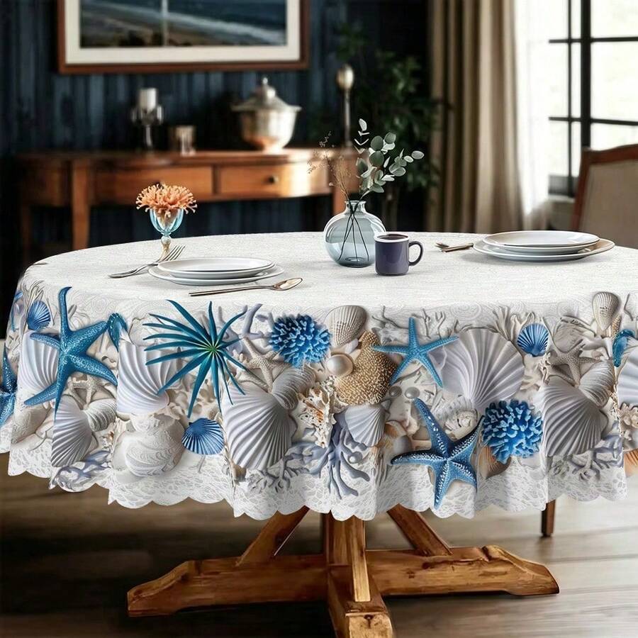 1 pieza Mantel de playa de poliéster 2D, estampado de estrella de mar azul y coral, redondo/rectangular, decoración náutica y de villa de playa para cocina, estilo casual para brunch y reuniones familiares en la playa, arreglo para patio trasero y balcón, estética de cafetería y tienda de playa, acento para sala de estar y comedor, uso diario en interiores y exteriores - Multicolor - Ver 1