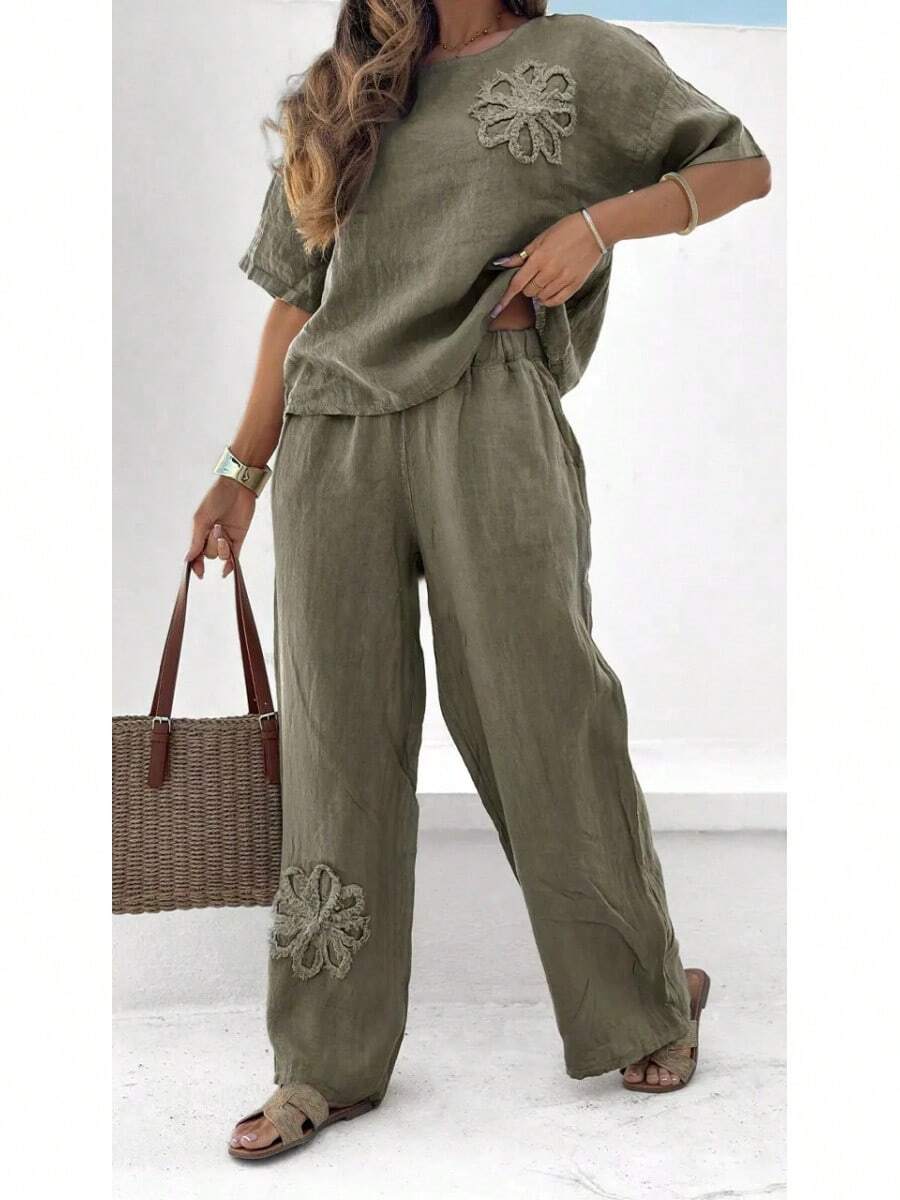 Women's Linen Blend Two-Piece Set With Embroidered Floral Top And Wide Leg Pants - 軍綠色 - 查看 1