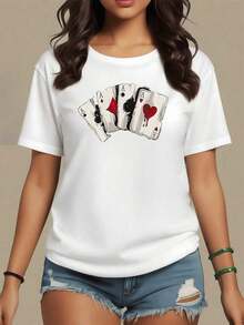 Cartas de póker con ases marcados simbolizando suerte y pasión en cada jugada camiseta para mujer de tejido 100% algodón suave y cómodo ideal para llevar con actitud casual,maija mujer. - Blanco - Ver 1