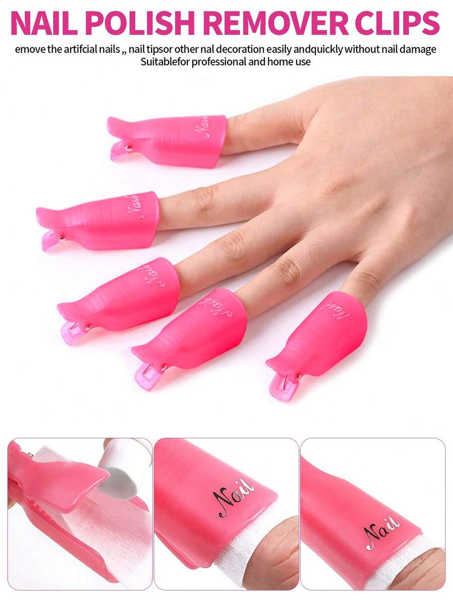 10pcs Reusable Pink Nail Polish Remover Clips, Plastic Soaking Nail Tips Suitable For UV Gel And Acrylic Nails, Professional Manicure Tool For Gel Removal, Suitable For Salon And Home DIY Nail Care - Multicolor - View 1