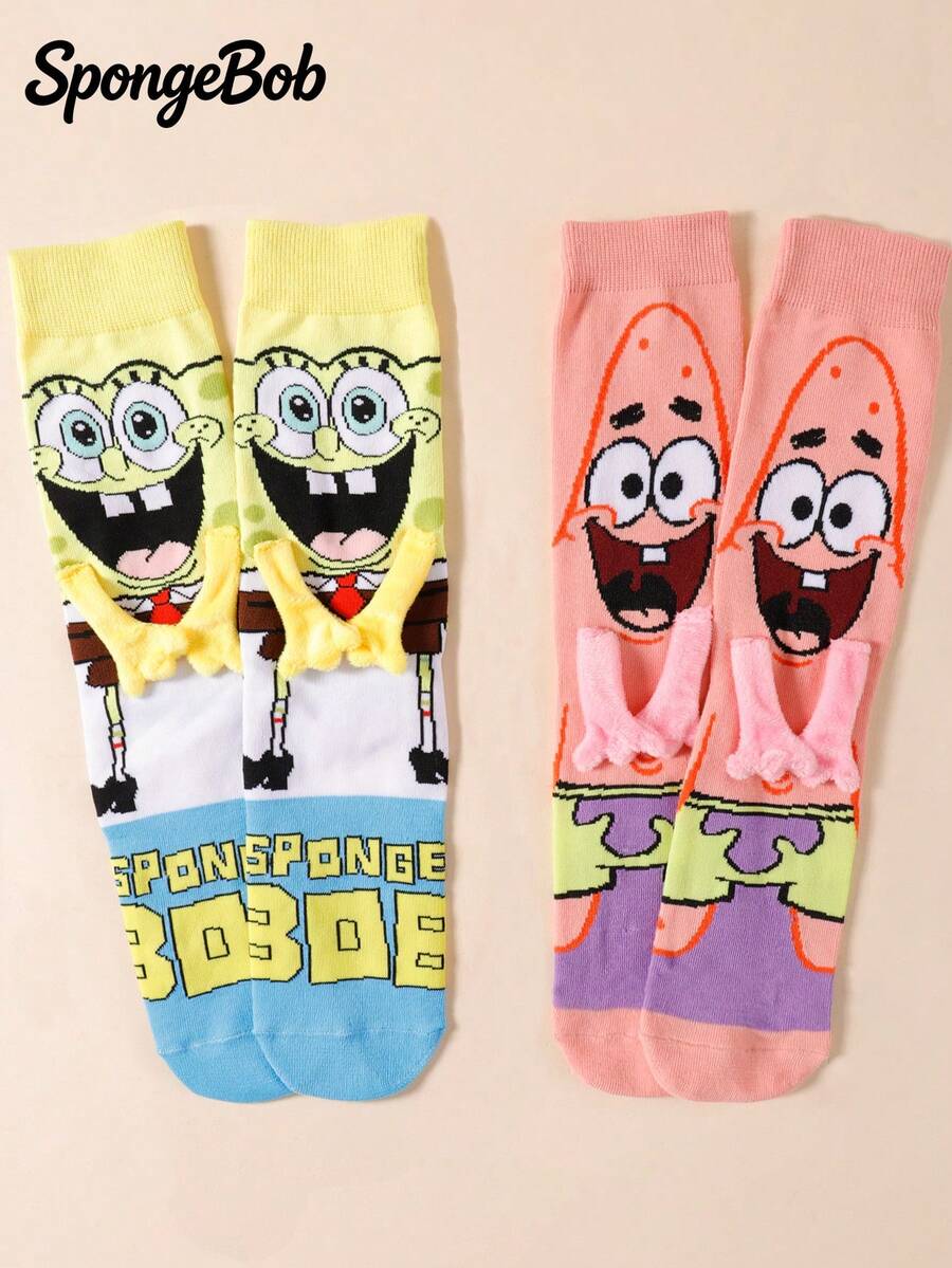 SpongeBob SquarePants 1/2 Đôi tất nam châm dài đến bắp chân hiệu SquarePants, mẫu mới mùa xuân/thu, họa tiết hoạt hình dễ thương, thiết kế độc đáo, dành cho cặp đôi/bạn thân, sản xuất tại Nhật Bản và Hàn Quốc. - Nhiều màu - Xem 1