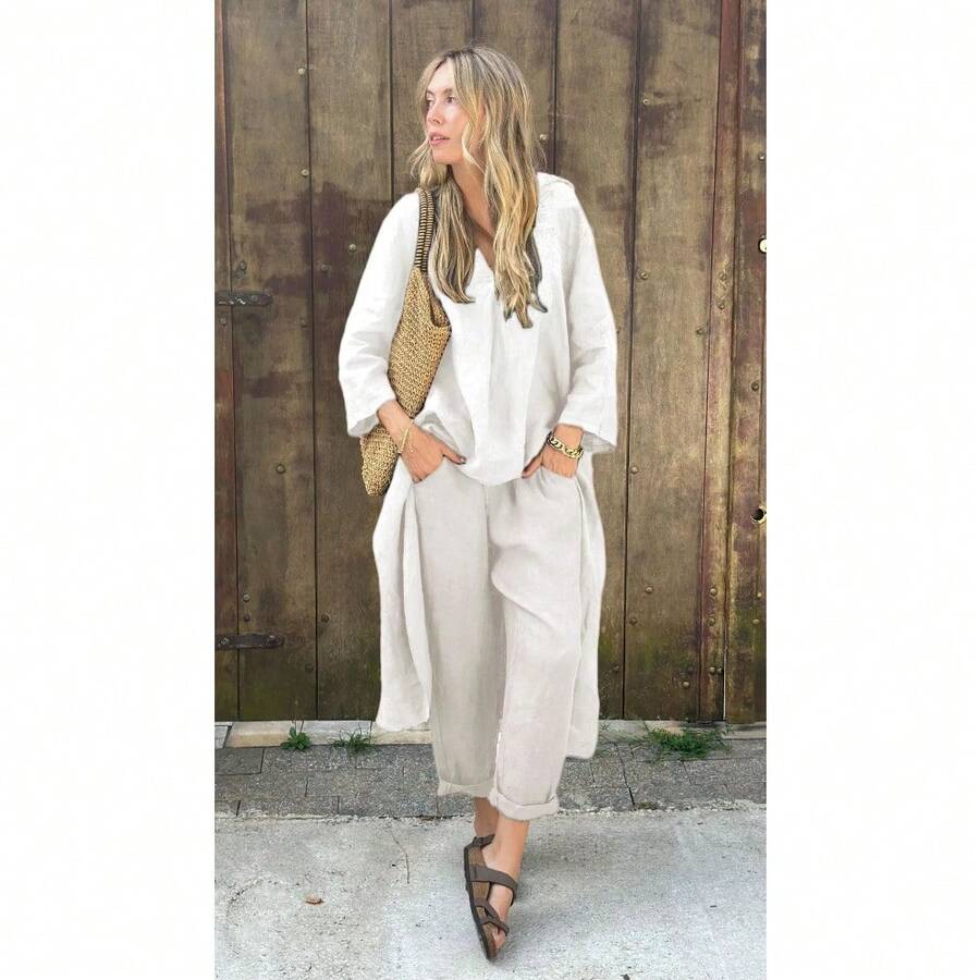 Conjunto de 2 piezas para mujer primavera algodón lino blusa holgada y pantalones de talle alto talla grande  moda - Blanco - Ver 1