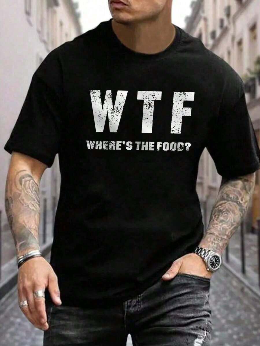 Manfinity LEGND Men Letter Slogan Graphic Drop Shoulder Casual Short Sleeve Tee, Boyfriend Gift Unisex T-Shirts For Summer Outings - 黑色 - 查看 1