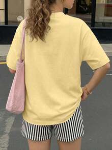 de camiseta de manga corta holgada con estampado floral y pantalones cortos a rayas para mujer, adecuado para vacaciones en la playa, traje de mujer, conjunto de verano para mujer, atuendo de vacaciones, ropa de viaje, estilo de playa, ropa de va - Amarillo 3 - Ver 2
