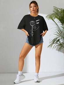 Camiseta Casual de Verano para Mujer con Estampado Floral y Retrato Abstracto, Cuello Redondo, Hombros Caídos, Camisetas Gráficas, Tops para Mujer, Cuello Redondo, 100% Algodón, Tejido Suave, Manga Corta - Negro - Ver 3